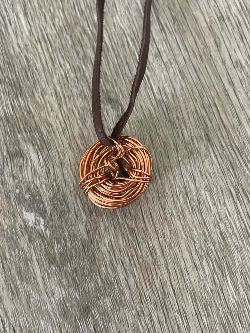 Handcrafted Wire Wrapped Stone Pendant Necklace – Brown Cord – Copper Tone Wire